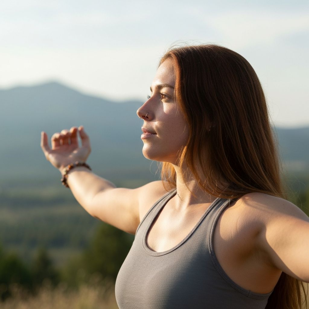 Personne pratiquant des exercices de relaxation des yeux en plein air avec vue sur paysage montagneux