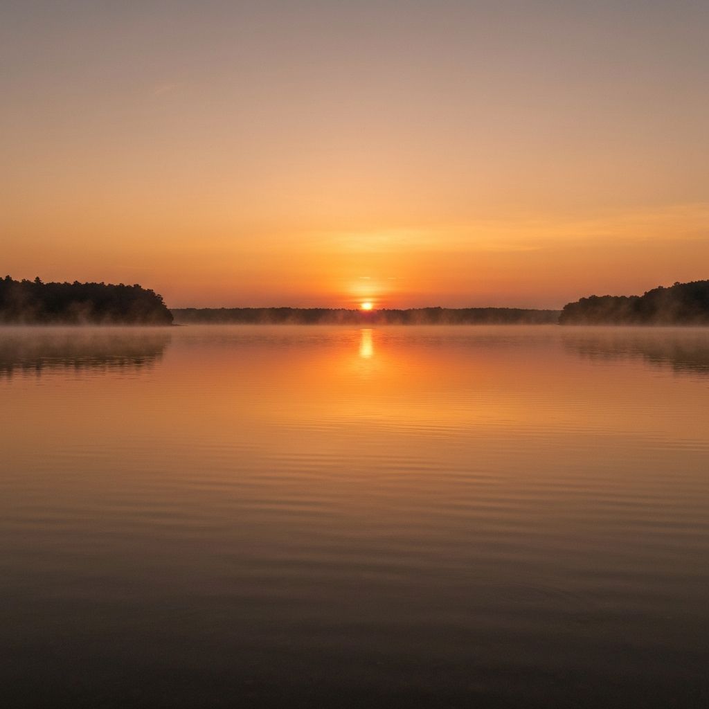 Lever de soleil sur eau calme, lumière dorée, paysage naturel serein, symbolisant clarté et perspective