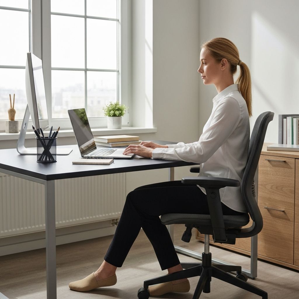 Personne travaillant à l'ordinateur en position ergonomique confortable, éclairage naturel fenêtre