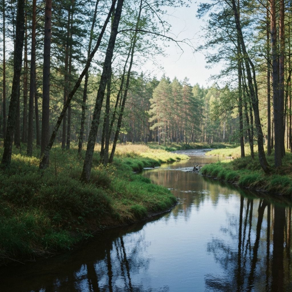Paysage forestier naturel avec arbres flous et eau, symbolisant la relaxation et la tranquillité