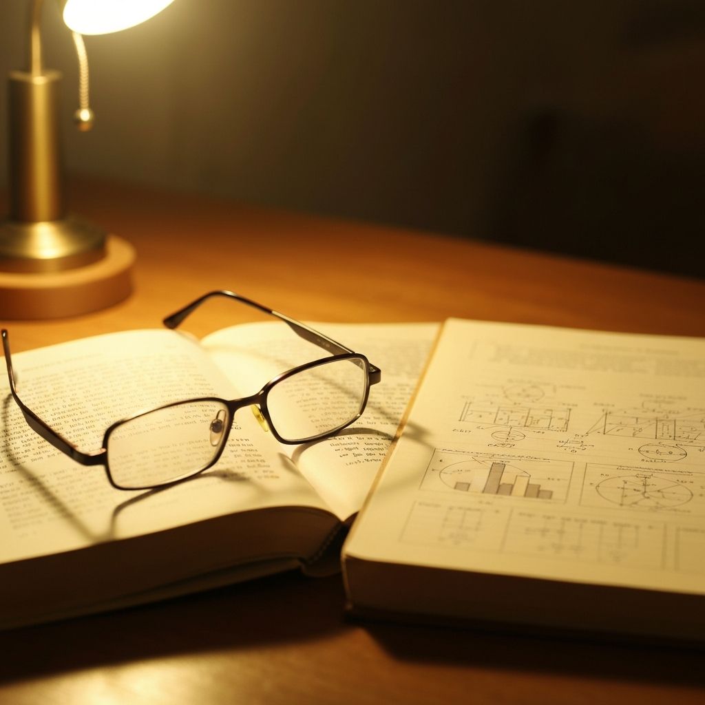 Lunettes sur livre ouvert et carnet, cadre académique, atmosphère intellectuelle