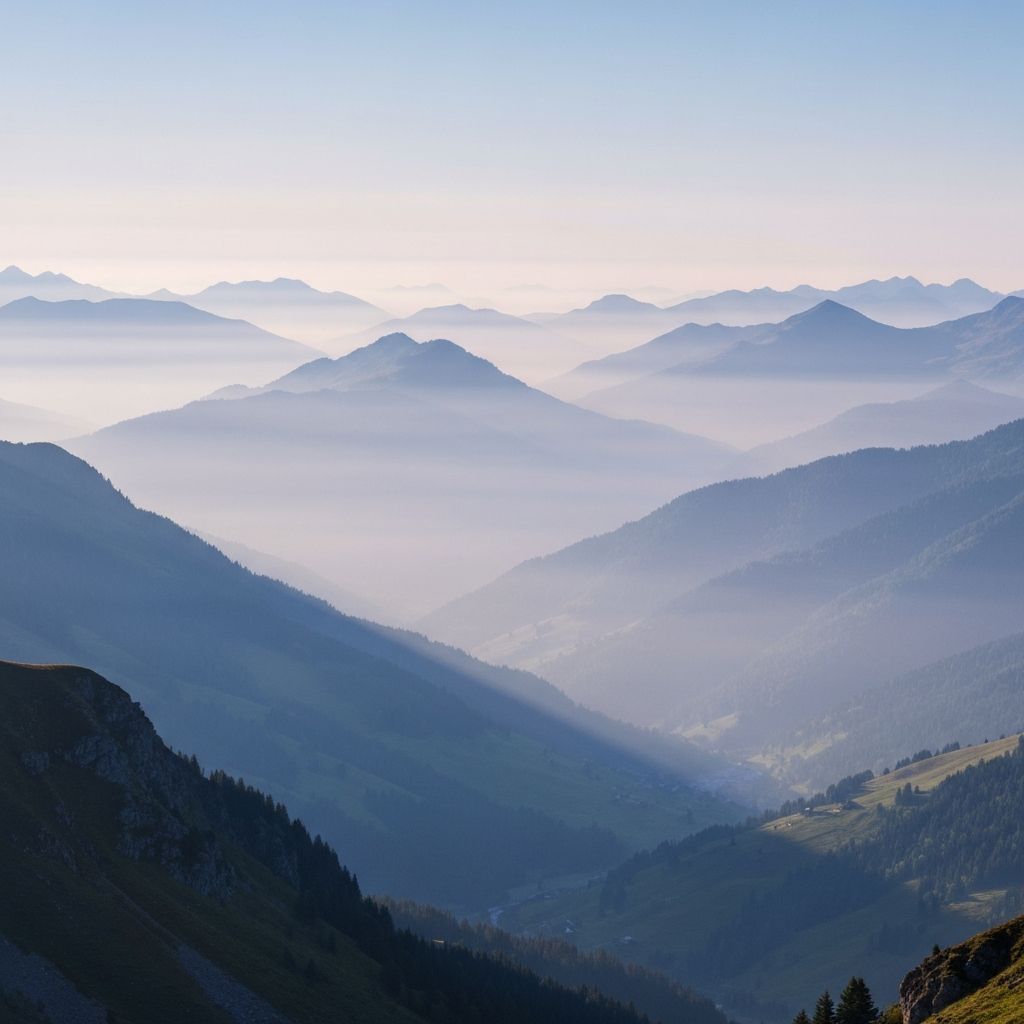 Paysage montagneux avec points de focalisation lointains, brume, composition paysagère sereine