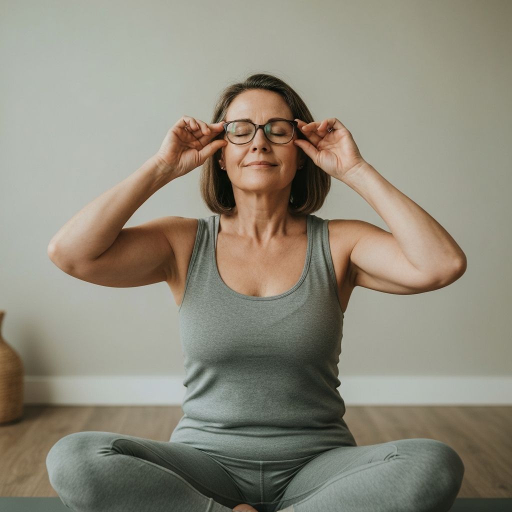 Personne pratiquant exercice de rotation des yeux, expression paisible, éclairage intérieur doux